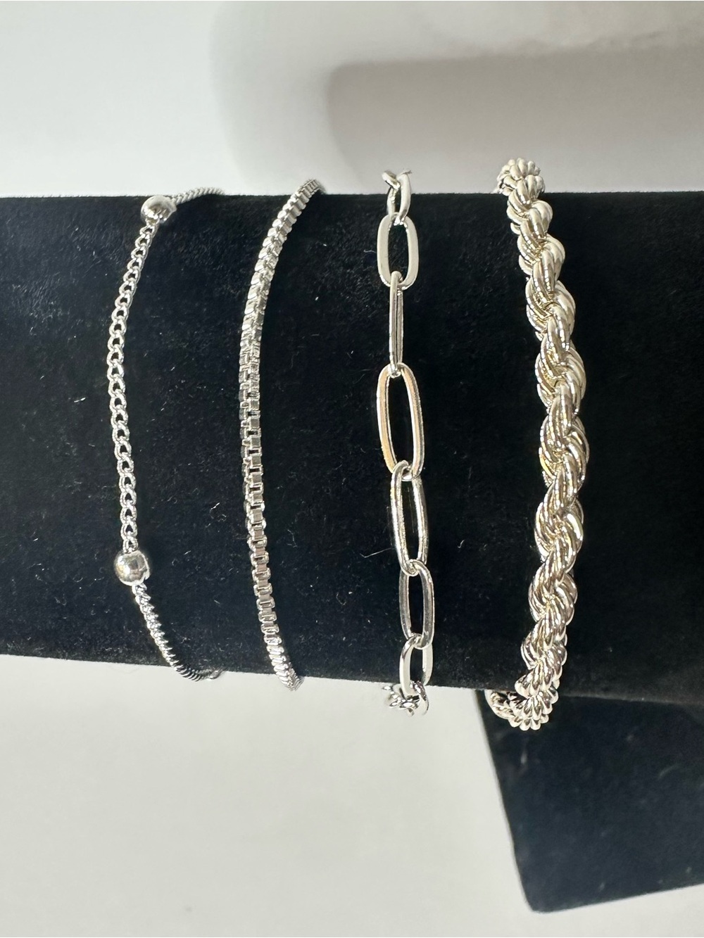 Silver Tone 4-Piece Stackable Bracelet Set | Paperclip Rope Beaded Box Chain - Picture 6 of 8